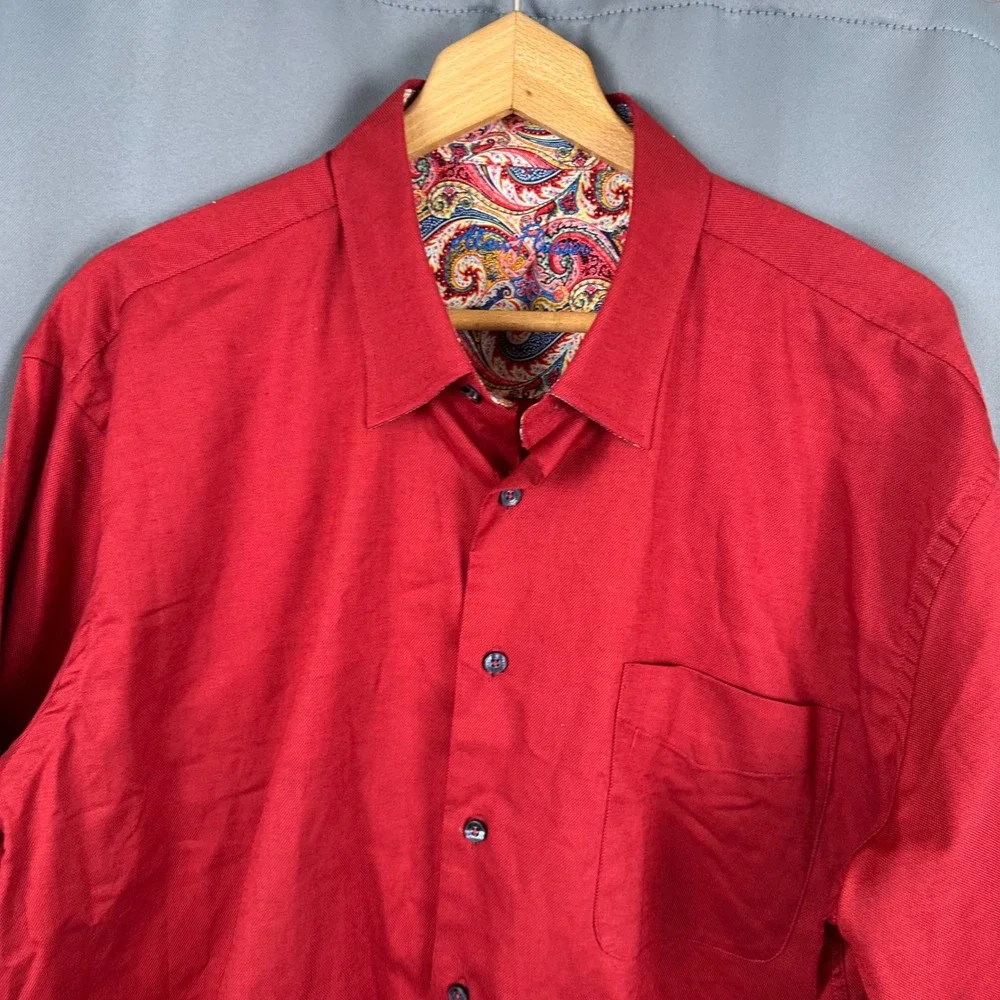 Alan Flusser Mens Red Button Down Shirt Paisley Trim Accents Long Sleeve Large